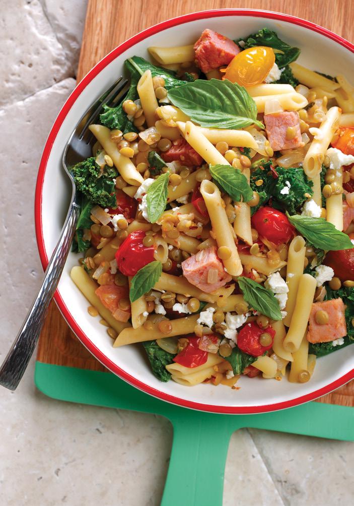 Swiss chard or spinach can be used instead of kale main dishes QUICK PASTA 4 SERVINGS 5 MINUTES PREP TIME 30 MINUTES TOTAL TIME 2 Tbsp (30 ml) canola oil onion, diced 6 oz (70 g) ham, chopped 3