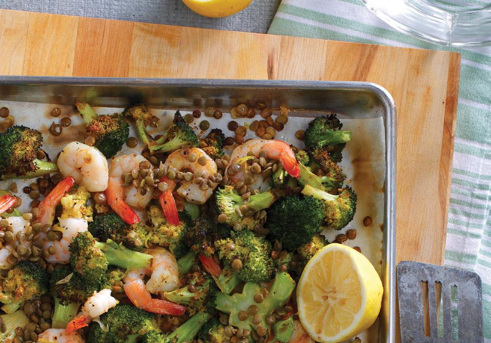 BROCCOLI, LENTIL & SHRIMP SHEET PAN DINNER 4 SERVINGS 8 MINUTES PREP TIME 30 MINUTES TOTAL TIME 6 Tbsp (90 ml) canola oil, divided /2 lbs (750 g) fresh broccoli /3 cups (325 ml) cooked green lentils