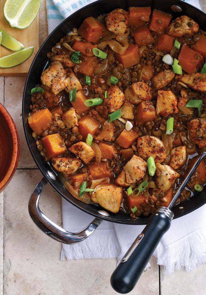 CHILI STEWED SQUASH & CHICKEN 4 SERVINGS 5 MINUTES PREP TIME 30 MINUTES TOTAL TIME 2 chicken breasts, skin removed and diced into inch (5 cm) cubes 2 tsp (0 ml) chili powder, divided pinch salt and