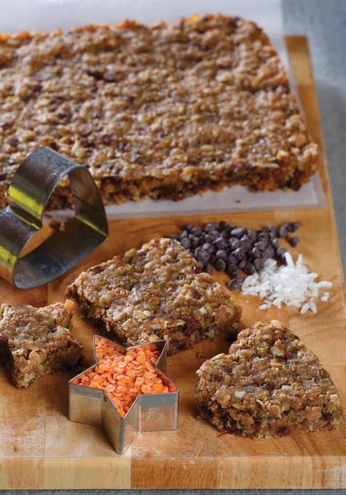 COCONUT OATMEAL CHOCOLATE CHIP COOKIE BARS 28 SERVINGS 5 MINUTES PREP TIME 30 MINUTES TOTAL TIME /2 cup (25 ml) split red lentils cup (250 ml) whole wheat flour 3 /4 cup (75 ml) rolled oats /4 cup