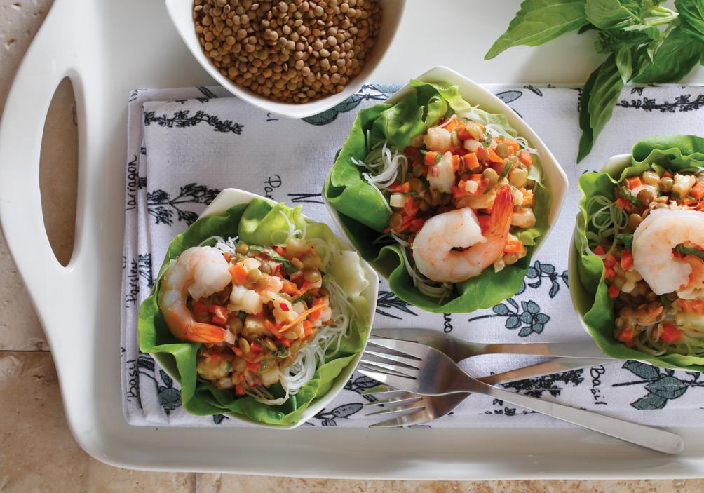 appetizers SHRIMP & LENTIL LETTUCE CUPS 6 SERVINGS 5 MINUTES PREP TIME 30 MINUTES TOTAL TIME 4 oz (25 g) rice vermicelli noodles cup (250 ml) cooked, peeled, and deveined shrimp cup (250 ml) cooked