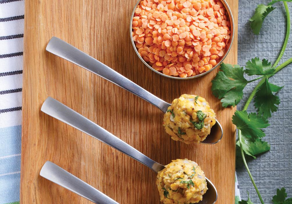 INDIAN-SPICED RED LENTIL BITES 6 SERVINGS 5 MINUTES PREP TIME 30 MINUTES TOTAL TIME 2 cups (500 ml) cooked split red lentils, room temperature /2 cup (25 ml) almond meal (ground almonds) /2 cup (25