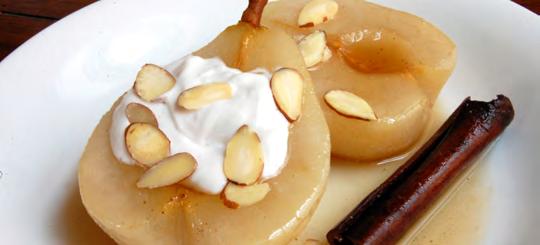 Cinnamon and Honey Poached Pears This easy, sweet dessert uses the poaching method to infuse the flavors of honey and cinnamon into pears.