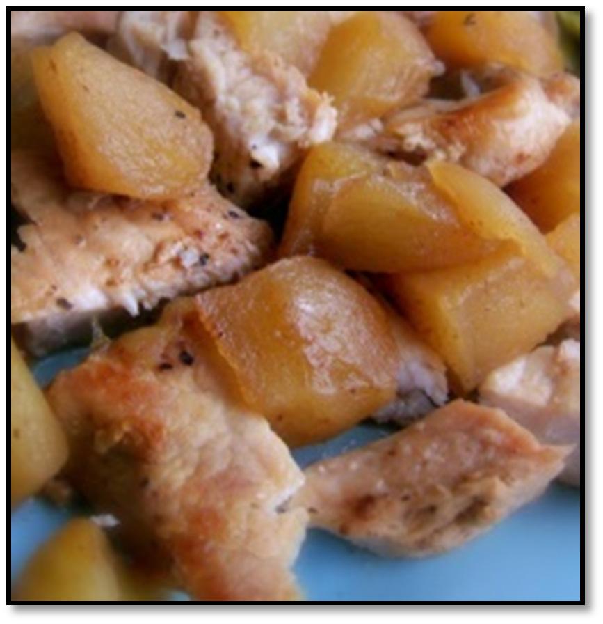 Crock Pot Apples & Pork Chops 5-6 Granny Smith Apples, peeled and cubed 4-6 boneless pork chops 2 TBS butter ¼ cup brown sugar, packed 2 tsp cinnamon 1 tsp nutmeg Instructions Heat skillet over