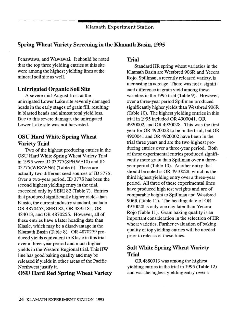 Spring Wheat Variety Screening in the Klamath Basin, 1995 Penawawa, and Wawawai.