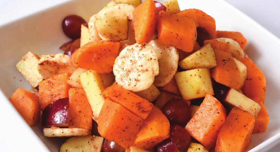 FRUIT CHAAT Serves 6 Serving Size: 3/4 cup Prep Time: 20 minutes Total Time: 20 minutes 2 medium bananas, peeled and sliced 1 medium apple, chopped into small pieces 1 mango, peeled and cut into