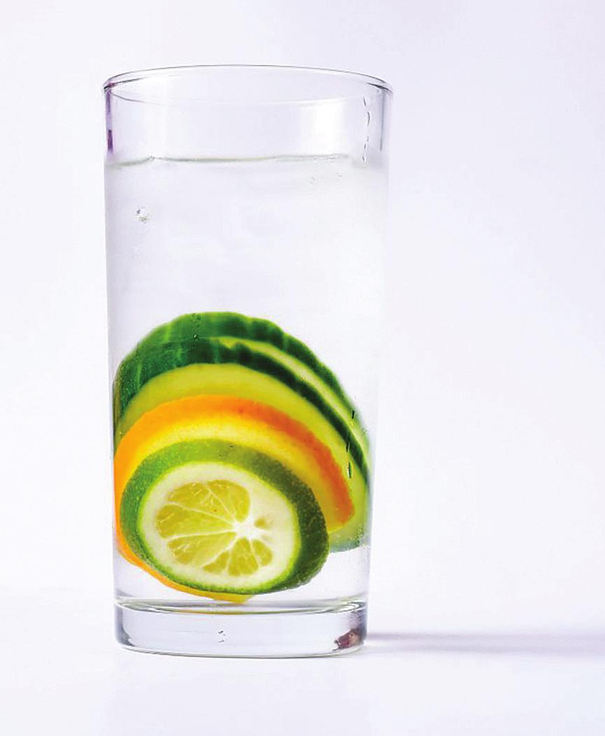 CUCUMBER CITRUS WATER Serves 8 Serving Size: 1 cup (8 ounces) Prep time: 5 minutes Chill time: 30 minutes or more Total time: 35 minutes or more 1 cucumber, sliced 1 orange, sliced 1 lime, sliced 1