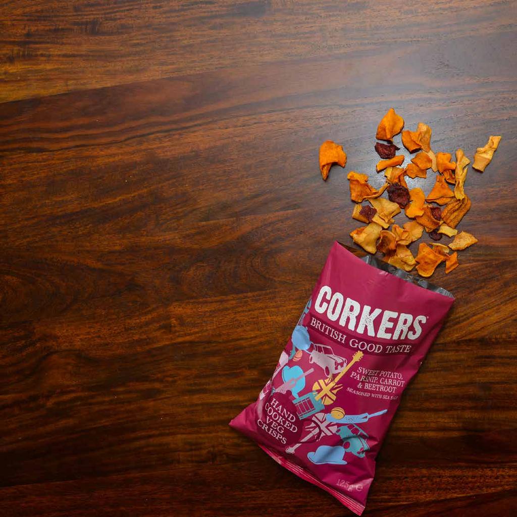 CRUNCHY VEGETABLE CRISPS An array of brightly coloured, traditional vegetables including parsnip, carrot and beetroot are grown in the rich black peaty soils alongside Corkers bread and butter,