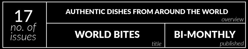 With World Bites, we cover 12+ dishes, flavors, and ingredients from a single cuisine, covering the entire menu.