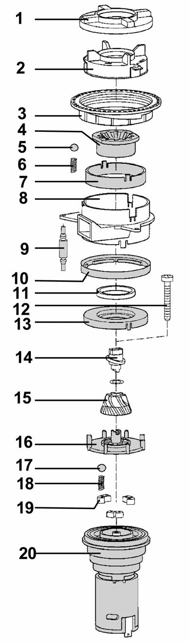 4.11 Grinder Assembly 1 Seal 2 Bracket 3 Lock Ring 4 Ring 5 Ball (3) (2mm) 6 Spring 7 Cover 8 Motor Bracket 9 Vibration Dampener (3) 10