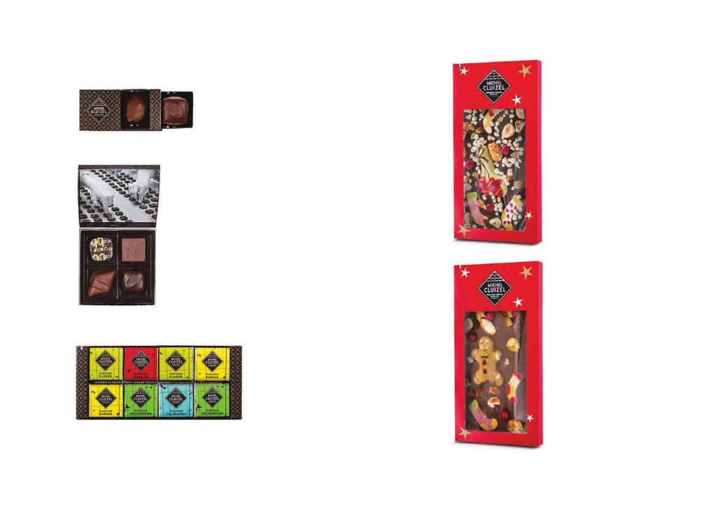 NO 2 AN ASSORTMENT OF 2x MILK & DARK CHOCOLATE PRALINES. CODE: 13002 PRICE: 2.55 DARK 72% A 100G DARK CHOCOLATE BAR DECORATED WITH CHRISTMAS SHAPES & WRAPPING. CODE: 12023 PRICE: 6.