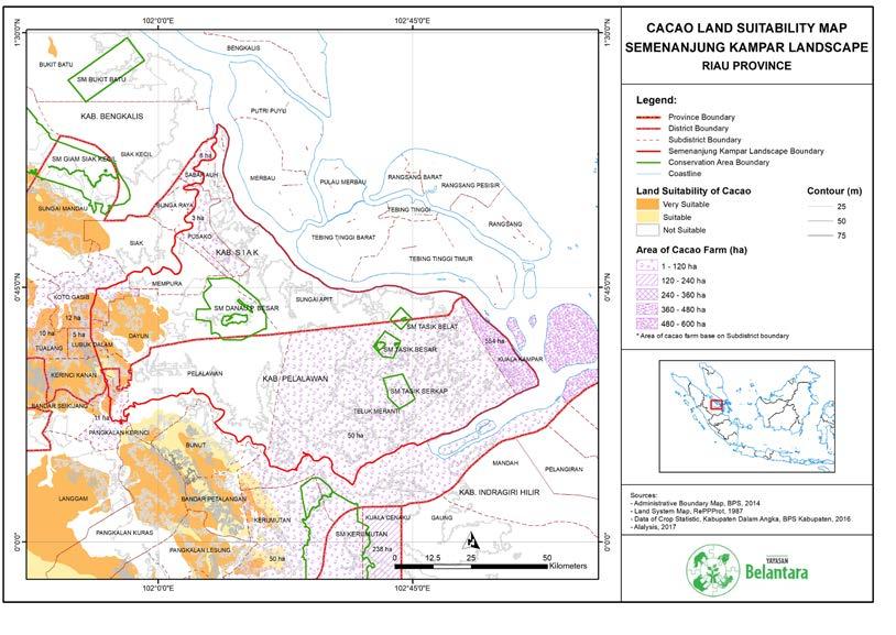 The Map of Land Suitability for Cacao and Areas of Cacao Farms in the Kampar Peninsula Ecosystem.