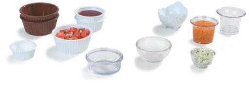 Ramekins & Sauce Cups Perfect for individual service of butter, salsa, condiments, sauce Made of durable, break-resistant SAN Available in four distinct styles 0362, 0843, 0844, 0845, 2500: NSF