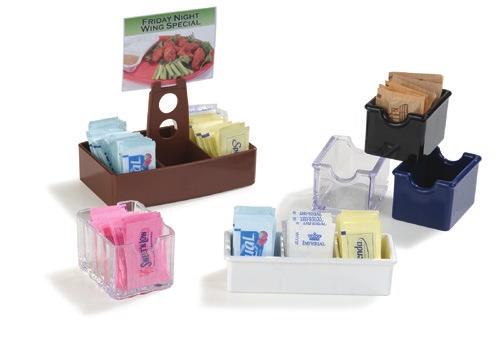 COFFEE SERVICE Sugar Caddies Merchandiser caddy has pockets for salt and pepper shakers plus sign clip Creamer/Pitchers Stain-resistant creamers and pitchers can be used for syrup,