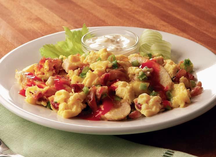 Buffalo Chicken Scramble Buffalo Chicken Scramble Yield: SERVING Papetti s Easy Eggs Liquid Whole Eggs #9200 chicken breast, cooked, sliced jalapeño jack cheese, shredded green onion, sliced bacon,