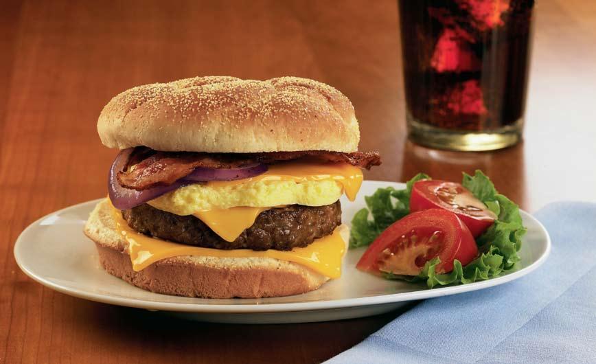 Super Burger Super Burger Yield: SERVING Papetti s Table Ready Natural Shaped Egg Patty #85839 pre-made hamburger patty American cheese red onion, sliced 3 slices slice hamburger bun, toasted bacon,