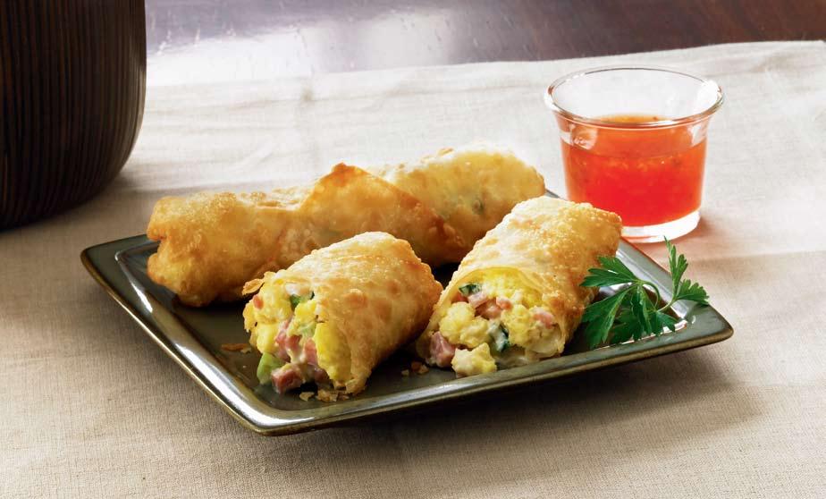 Ham and Egg Rolls Ham and Egg Rolls Yield: 2 SERVINGS (2 ROLLS PER SERVING) Papetti s Easy Eggs Liquid Whole Eggs #9200 cream cheese, softened, cut into cubes ham, fully cooked, finely diced green