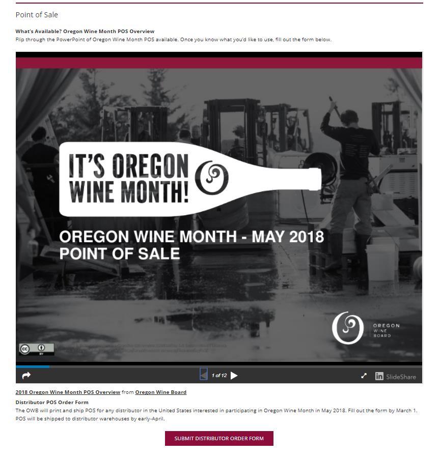 WHOLESALER POS ORDER FORMS: DUE MARCH 1 OWB will ship printed Oregon Wine Month POS to any distributor in the United States at the beginning