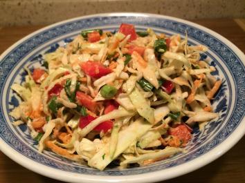 Paleo Asian Cabbage Salad Servings 4 Total Time: 10 minutes Cook Time: 10 minutes Calories 62 Carbohydrate 14g Protein 3g 1 head(s) cabbage(s), green red or green (or 1/2 of each), thinly