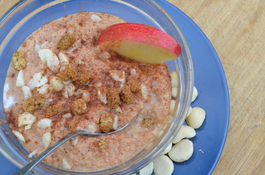 Almost Oatmeal Servings 2 Total Time: 10 minutes Cook Time: 10 minutes Calories 335 Carbohydrate 29g Protein 8g Fat 22g 11/ 2 cup(s) applesauce, unsweetened 4 tablespoon(s) almond butter raw, chunky