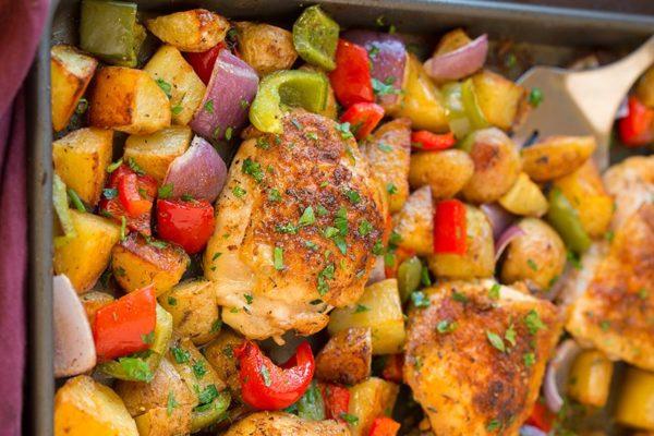 One Pan Cajun Chicken Dinner Total Time: 60 minutes Cook Time: 60 minutes Calories 582 Carbohydrate 45g Protein 37g Fat 30g 0 piece(s) chicken thighs, bone in, skin on (5 oz) 0 medium potato(es),