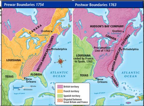 After Math of the French and Indian War Britain wins and gets all of the land, except the Louisiana Territory (own by Spain) Britain passes Proclamation of 1763 which bans