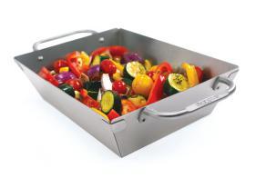 69720 GRILL TOPPER 16-IN x 11-IN stainless steel grilling topper with stainless handles and raised contours.