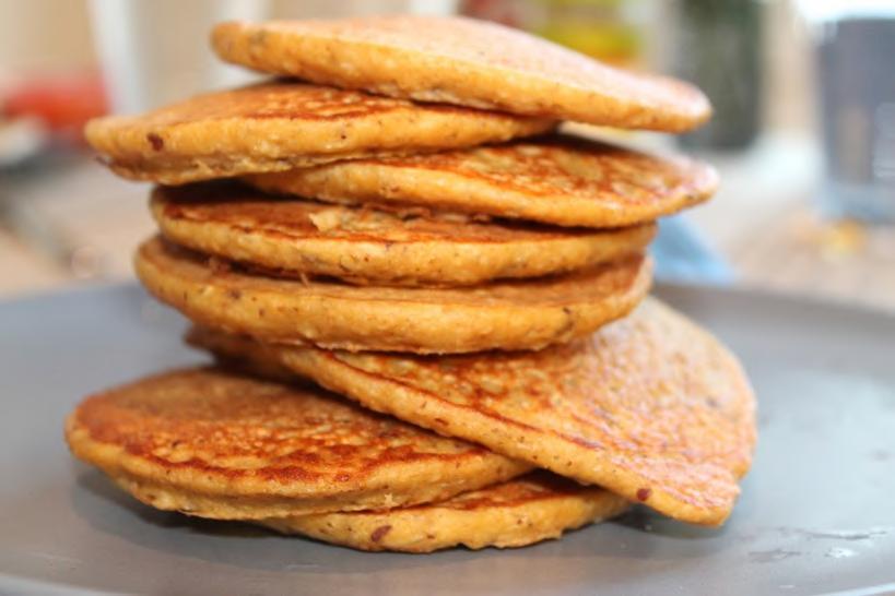 PROTEIN PANCAKES ½ cup oatmeal ½ cup cottage cheese 3 egg whites (2/3 cup) 2 packets of stevia cinnamon to taste Grease skillet with pam and bring to medium heat Mix ALL ingredients