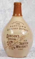 5ins tall, handle with pouring spout, sepia print WATSON S DUNDEE WHISKY picture of Scotsman throwing a large rock, Buchan pm, Very 2. CATTO S 8.