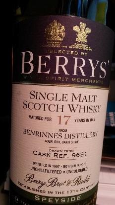 Benrinnes. Benrinnes 17 yo Single Malt Whisky, Speyside Distilled 1997, Bottled 2015, 46% abv Cask #9631, Refill Hogshead Total Wine $99.