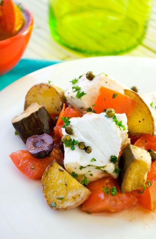 Roasted Halibut Here s a fish recipe that makes roasted halibut a rich and hearty dinner. A flavorful tomato sauce is livened up with anchovies, capers and olives.