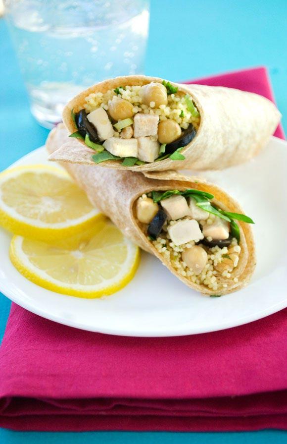 Chicken & Couscous Wrap Couscous, chickpeas and olives give this chicken wrap a healthy, flavorful boost. This recipe is a delicious lunch that fits into the Mediterranean diet.