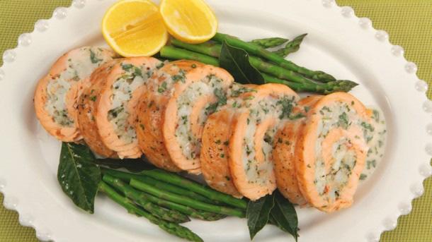 Seafood Salmon Roulade 2 lb. centre cut salmon fillet ¼ tsp. each salt and pepper Seafood Stuffing 1 egg white 8 oz. raw black tiger shrimp, peeled and deveined 8 oz.