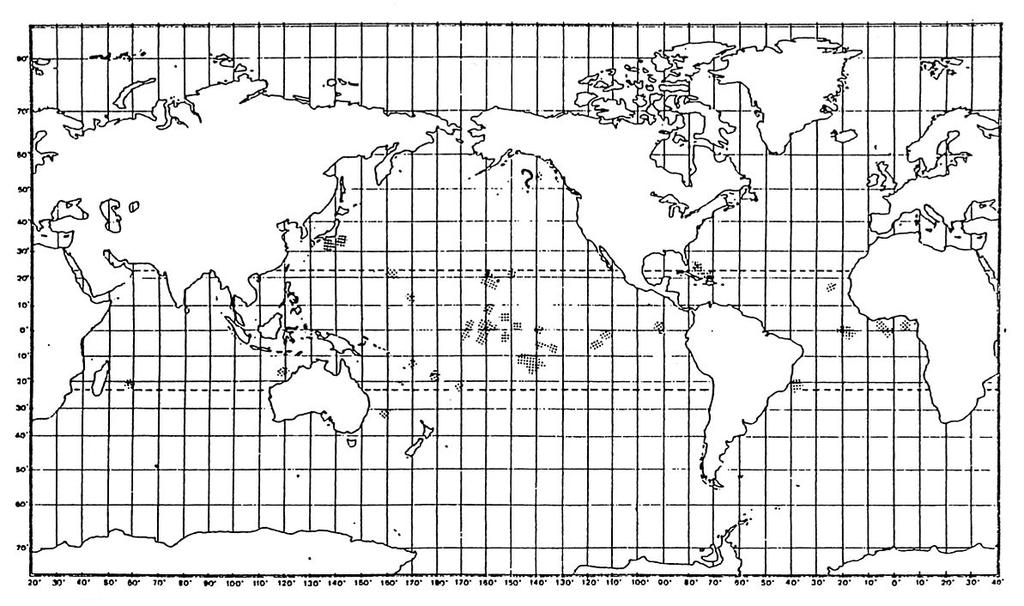 Fig.1. Geographical distribution of Cookie-cutter shark (after Compagno, 1984). Fig. 2. The 18 sub-areas used for the Implementation Fig.