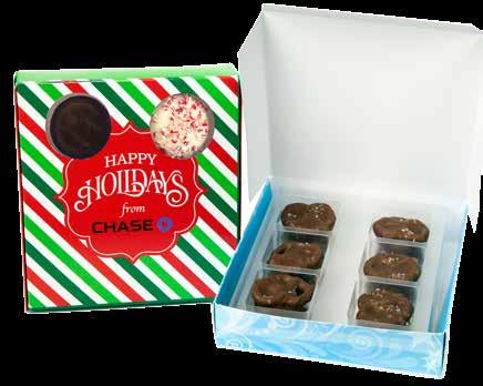 Choose from our delectable six Sea Salt Caramels, seven pieces of Peppermint Bark Trees or ten Twist Wrapped Truffles with a full color