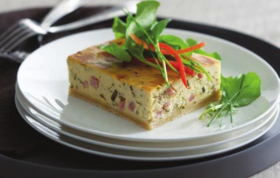 Serves per tray: 16 Trays per carton: 6 Approx serving size: 109g Shelf life: 24 hrs refrigerated Vegetable Quiche (Tray) 1.