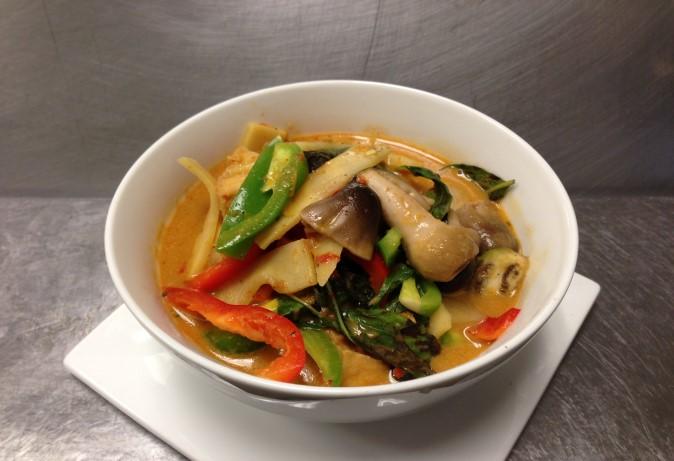 5 (Lite spice creamy coconut base soup w/ Thai eggplant, bamboo shoots, bell peppers, basil, mushrooms w/ choice of chicken,