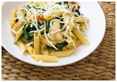 MAIN DISH DESSERT CREAMY PENNE WITH CHICKEN By Caden Pfeifer Fossil Creek 2 Servings 2 chicken breasts 6 oz penne 2 cloves garlic 1 t chili flakes 1½ oz sun-dried tomatoes 1 shallot 4 oz sour cream 5