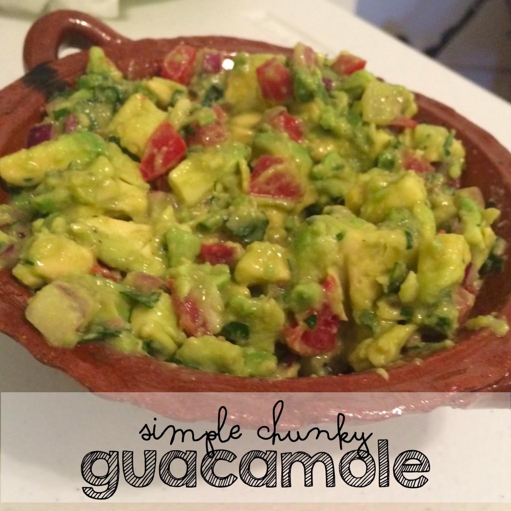 Simple Chunky Guacamole 2 large, ripe avocados 1 lb roma tomatoes, seeds removed and finely diced 1 onion (red preferably), finely minced 2-3 cloves garlic, finely minced 1 jalapeno, seeds and ribs