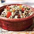 Indian Couscous Salad Serves 8 3/4 cup dry couscous 1 cup chicken broth ¼ cup dried currants 1 can (19oz) lentils, drained & rinsed 1 cup very finely grated carrots 4 green onions minced 1 red pepper