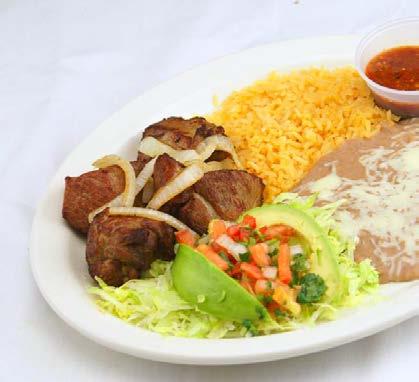 50 Fillet of grilled tilapia and shrimp, topped with nacho cheese, served with rice, lettuce, pico de gallo, avocado and tortillas *T-Bone Steak 10.