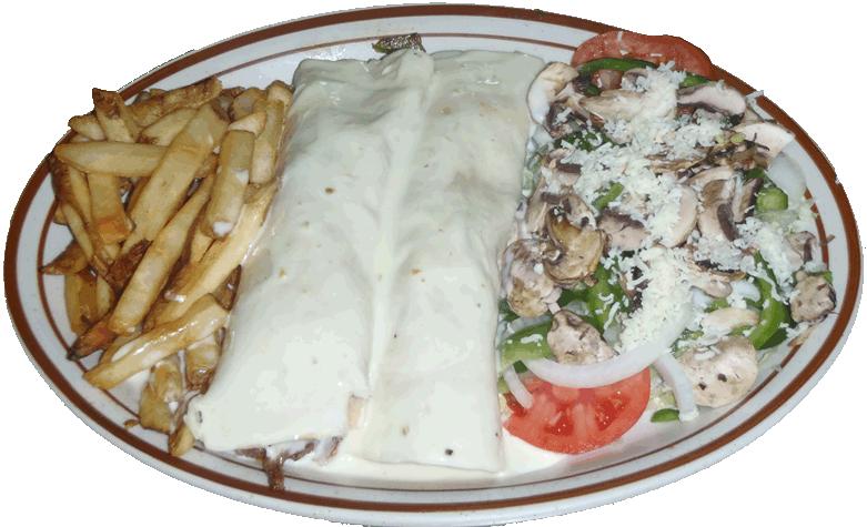 95 One soft or fried Chimichanga, and one Quesadilla, served with Guacamole Salad, Sour Cream, and One Beef and One Chicken Taquitos ENCHILADAS TRES MARIAS 9.