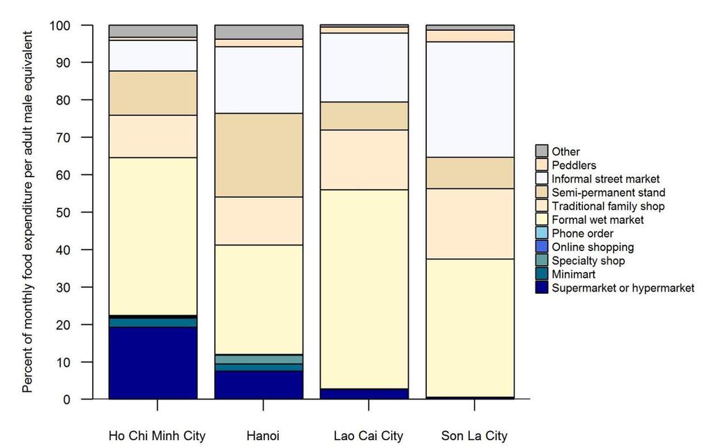 Figure 1. Average share of monthly food expenditure per adult male equivalent spent at different food outlets for households in Ho Chi Minh City, Hanoi, Lao Cai City and Son La City, Vietnam.
