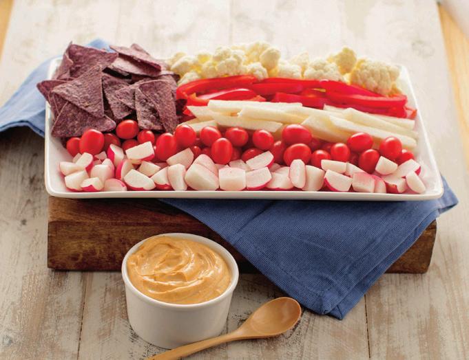 Zesty Honey BBQ Dip with Patriotic Veggies & Chips 1 packet Zesty Honey BBQ Dip Mix ½ cup sour cream ½ cup mayonnaise 1 head of cauliflower, cut into florets 2 red bell peppers, sliced 1 jicama,