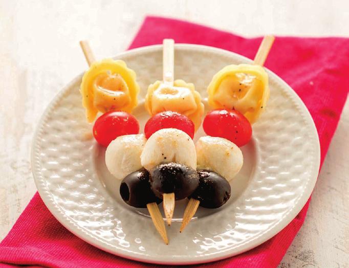 Pasta Salad on a Stick 24 refrigerated or frozen cheese tortellini 24 grape tomatoes 24 fresh ciliegine mozzarella balls, drained (about 8 ounces) 24 jumbo black olives (about a 5.
