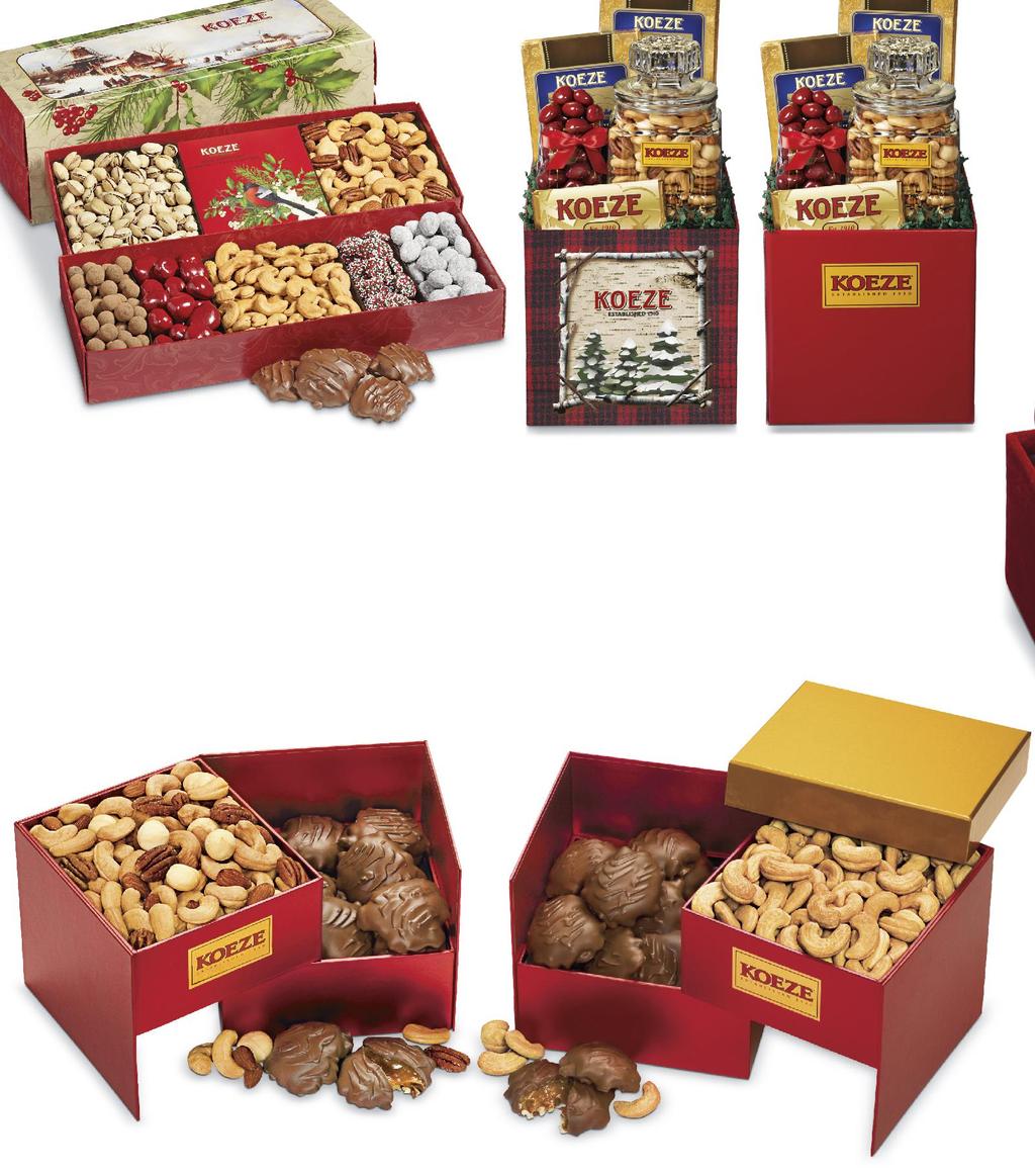WARMEST WISHES With more than enough Koeze favorites for everyone, this festive gift box is sure to be the center of attention at family holiday celebrations or office parties.