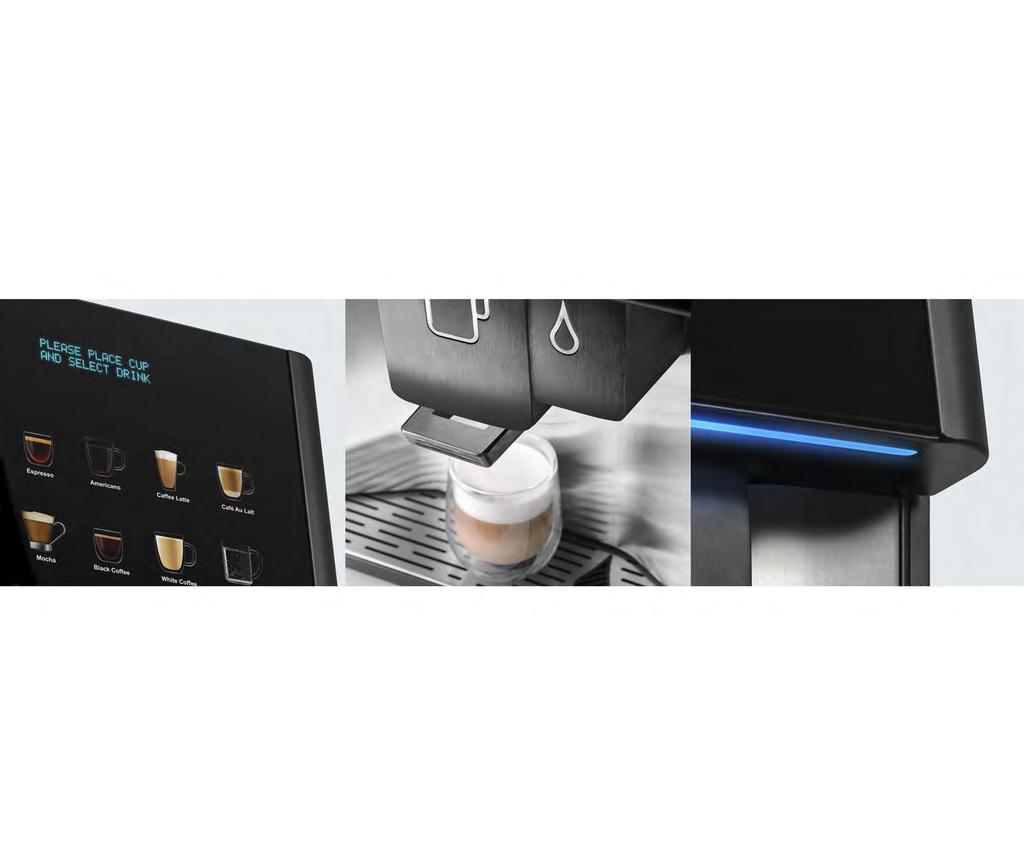 The user display, together with the cup positioning lighting system and intuitive tray position, guides the user through a simple and pleasing experience,