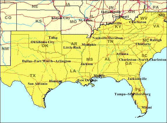 The South States included: North Carolina, South Carolina, Florida, Georgia, Alabama, Mississippi,