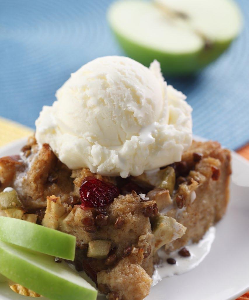 BREAD PUDDING WITH LENTILS, APPLES, AND CRANBERRIES ½ loaf bread, cut into small cubes ¾ cup (180 ml) dried cranberries 1 (whole) granny smith apple, core removed, small dice 1 cup (250 ml) fully