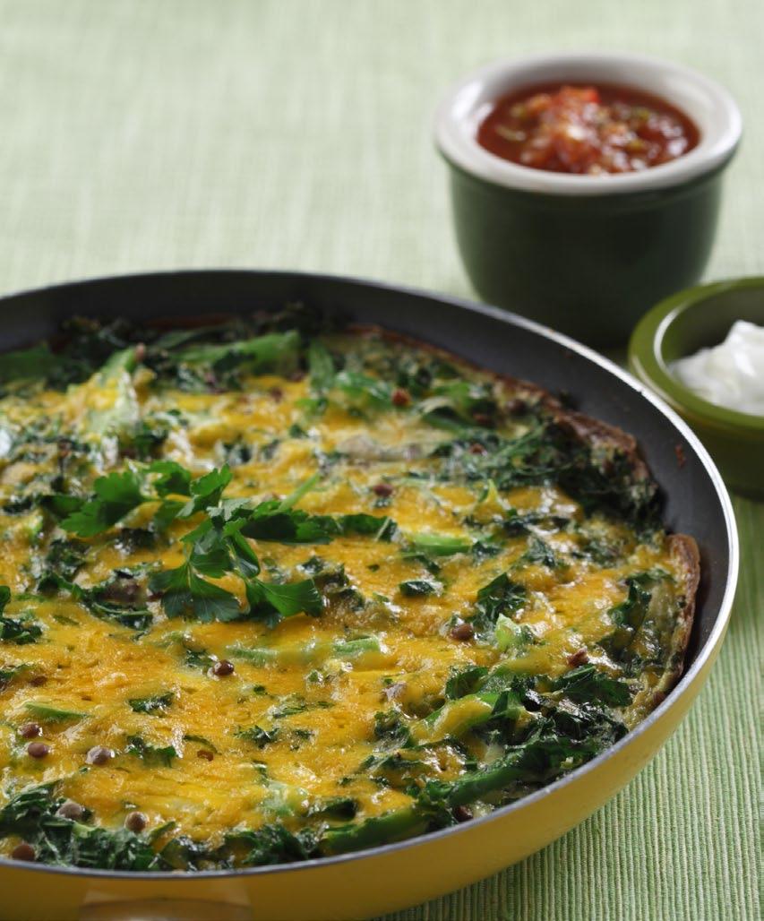 TOP OF THE MORNIN (OR ANYTIME) LENTIL FRITTATTA 1 Tbsp (15 ml) unsalted butter 2 (whole) shallots, thinly sliced 2 (whole) cloves of garlic, minced 1½ cup (375 ml) chopped kale 1 (whole) green bell
